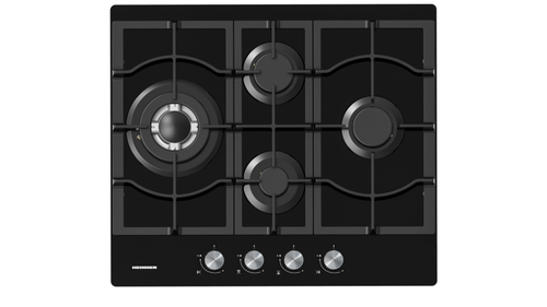 Plita incorporabila HEINNER HBH-M452IWFGBK, Gaz, 4 arzatoare, Wok, Aprindere electrica, Sticla (Negru)