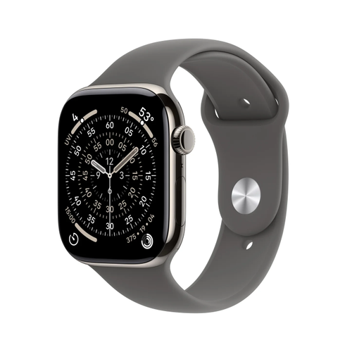 Smartwatch Apple Watch 11, GPS + Cellular, 46mm, Ecran Retina LTPO OLED, Chip S10 cu Procesor Dual-Core, 64GB Flash, Wi-Fi, Bluetooth, Carcasa Titan, Curea Sport Band S/M (Argintiu)