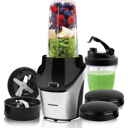 Blender sport Heinner Vitamiser 1000 HSB-T1000SS, 1000W, recipiente Tritan fara BPA 1/0.45L, rasnita inclusa, buton ON/OFF, 18000RPM, lame din inox, 2 capace suplimentare, carcasa din inox (Argintiu/Negru)