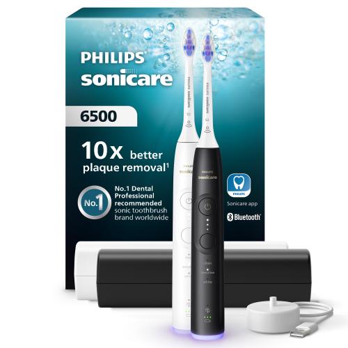Set Periute de dinti electrice Philips Seria 6500 HX7419/01, 3 viteze, 3 moduri periaj, 62.000 miscari/minut, Autonomie 504 ore, Huse de calatorie incluse (Alb/Negru)