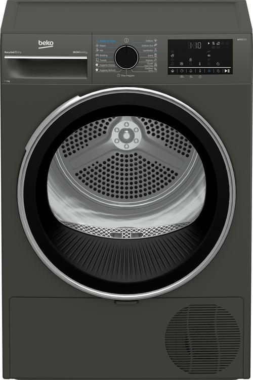 Uscator de rufe Beko B3T49233MEU Pompa de caldura, 9 kg, 15 programe, Clasa D, Iron Finish, RecycledDry, OptiSense, Aquawave, Hygienic Refresh (Antracit)
