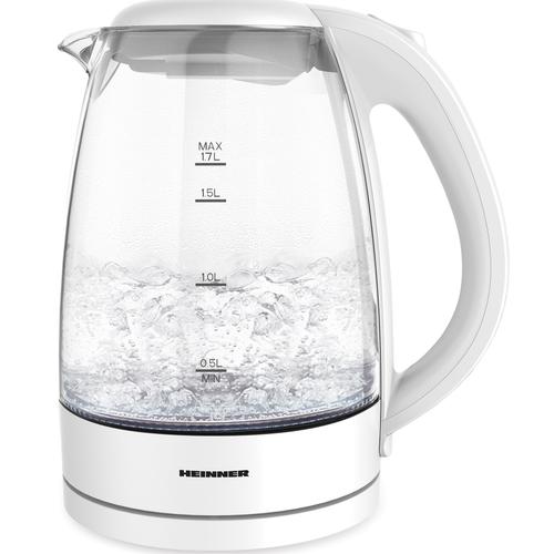 Fierbator Heinner HEK-2200GWH, 1850-2200W, 1.7 L, Filtru detasabil, Baza incalzire cu lumina LED, Protectie impotriva functionarii fara apa, Oprire automata, Spatiu depozitare, Cablu alimentare, picioruse antialunecare, Corp din sticla (Alb