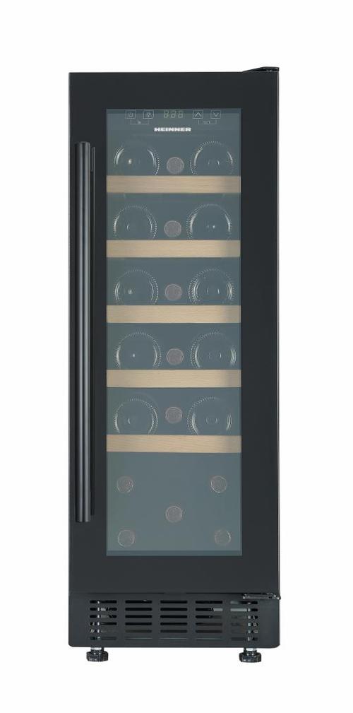 Racitor de vinuri HEINNER HRV-ABI56DRL20, 56 l, Clasa G, 20 sticle (750 ml), Display LED, Control electronic, Lumina LED, 5 rafuri lemn, Usa reversibila, H 82 cm (Negru)