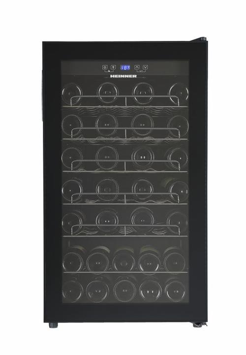 Racitor de vinuri HEINNER HRV-A118DRM40, 118 l, Clasa G, 40 sticle (750 ml), Display LED, 5+1 rafturi metalice cromate, Usa reversibila (Negru)