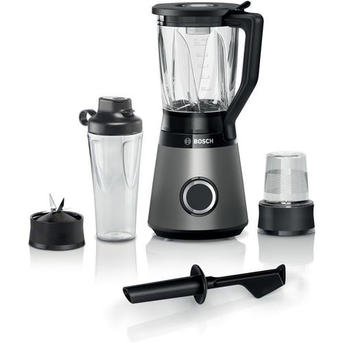 Blender Bosch MMB6177S VitaPower Serie4, 1200 W, 2 viteze + tel, lama Easy Klick din otel inoxidabil cu 4 aripi, pahar ThermoSafe rezistent la caldura de 1,5 l, sticla Tritan ToGo, tocator universal (Argintiu)