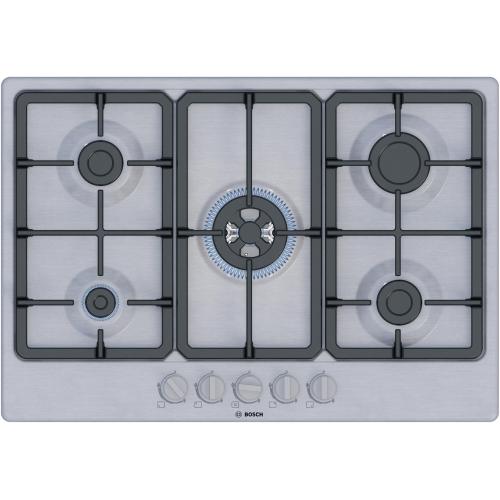 Plita incorporabila Bosch PGQ7B5K90, Gaz, 5 arzatoare, Arzator Wok, Gratar fonta, 75 cm (Inox)