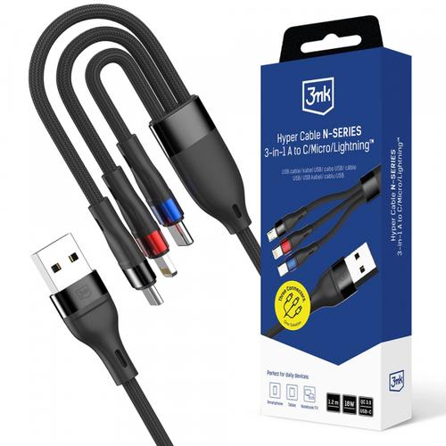 Cablu Incarcare 3MK Hyper N  USB-A - Lightning / microUSB / USB-C, 18W, 1.2m (Negru)