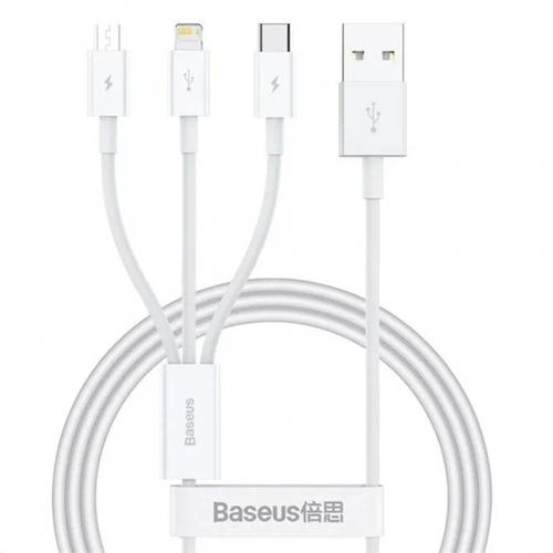 Cablu Incarcare Baseus 3in1, USB-A - Lightning / microUSB / USB-C, 100W, 1.5m (Alb)