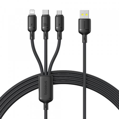 Cablu incarcare Baseus Silky 3in1, USB-A - Lightning / microUSB / USB-C, 100W, 1.5m (Negru)