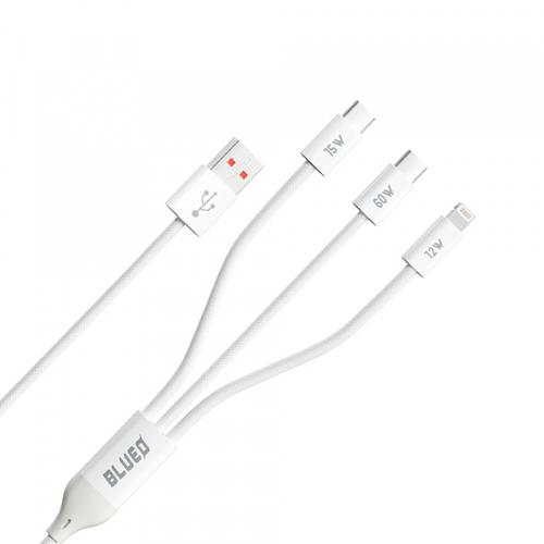 Cablu incarcare Blueo USB-A - Lightning / 2 x USB-C, 75W, 1.2m (Alb)