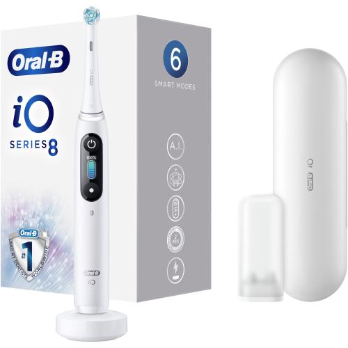Periuta de dinti electrica Oral-B iO8 cu Tehnologie Magnetica si Micro-Vibratii, Inteligenta artificiala, Display led interactiv, Senzor de presiune Smart, Timer vizibil, 6 moduri, 1 capat, Suport rezerve, Incarcator magnetic, Trusa de cala