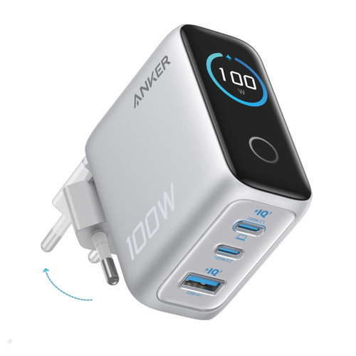 Incarcator retea Anker B121BG41, 100W, 2x USB-C, 1x USB-A, Smart-Display (Argintiu)