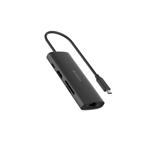 Docking Station A4tech universal, 8-in-1, conectare PC USB Type C, USB-C x 2, USB-A 3.0 x 1, USB-A 2.0 x 1, porturi video HDMI x 1 4K@30Hz, LAN Gigabit, slot SD, PD 100 W, cablu 0.20m, Gri