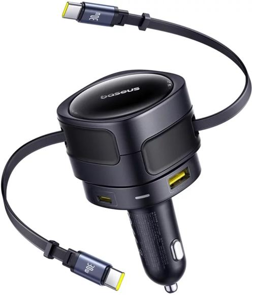 Incarcator auto Baseus Enjoyment Max, Quick Charge 90W, 1 x USB, cablu retractabil integrat 2 x USB Type-C (Negru)