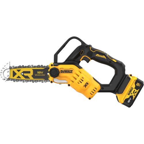 Drujba (fierastrau electric) cu lant pe acumulator DeWALT DCMPS520P1, 18V XR, motor fara perii, lungime lama 20 cm, viteza lant 8.6 m/s, grosime maxima taiere 15 cm, lubrifiere ulei automata, include: incarcator + acumulator 18V XR 5.0 Ah