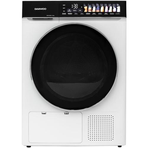 Uscator rufe Daewoo DDR-HS9E-1, 9 kg, pompa de caldura, clasa E, butoane touch, panou de control negru cu pictograme mari colorate, usa dubla neagra cu inel cromat (Alb)