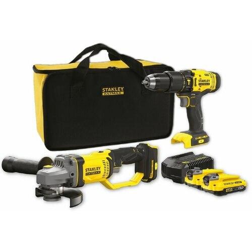 Set 2 piese, masina de gaurit si insurubat + slefuitor unghiular, Stanley, 18 V, 2x2,0 Ah, geanta moale