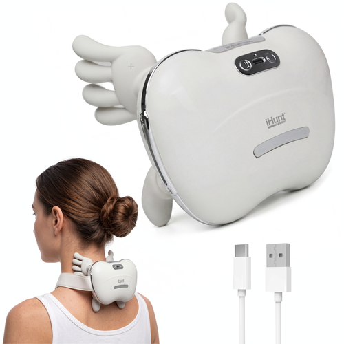 Aparat de masaj cervical si umeri iHunt SPA HandTouch Neck 3D, Tehnologie masaj bionic imitare maini umane, Incalzire, Reincarcabil (Alb)