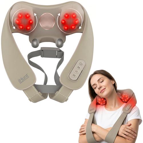 Aparat de masaj cervical iHunt SPA SmartNeck Air 3D, Electrostimulare EMS TENS, Compresie inteligenta, Functie incalzire, Portabil, Reincarcabil (Gri/Crem)
