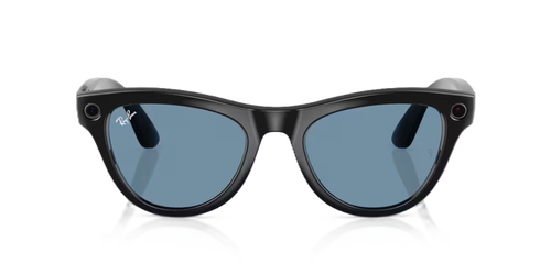 Ochelari Smart Ray-ban META Skyler Shiny, Wi-Fi 6, Bluetooth, Aparat foto cu filmare, Asistent vocal, 32GB Flash, Lentile cu Tranzitie Transparent/Cerulean Blue (Negru/Albastru)
