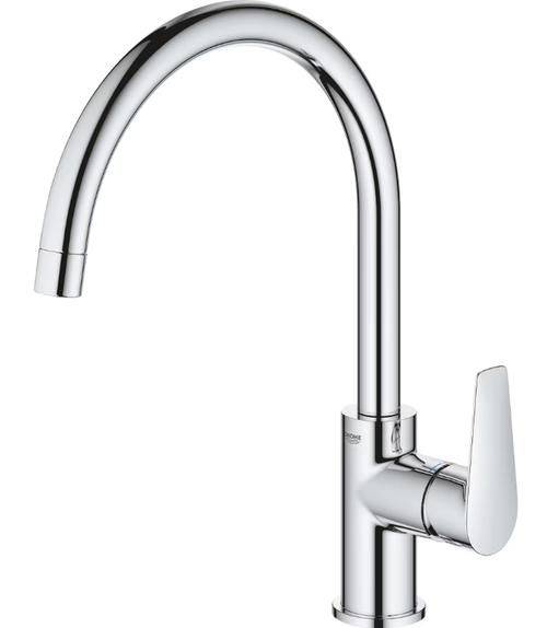 Baterie de bucatarie Grohe BauEdge 31367001, 3/8'', monocomanda, pipa inalta, tip C, cartus ceramic, pivotanta, limitator, Crom