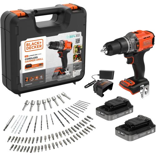 Masina de gaurit si insurubat cu percutie (bormasina) pe acumulator Black+Decker BCD383D2XKA, 18 V, 1550 RPM, cuplu 45 Nm, 13 mm mandrina, 2 acumulatori 2 Ah, incarcator, agatatoare curea, cutie depozitare plastic, 80 accesorii