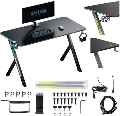 Birou Gaming NanoRS RS102, 120x60x75 cm, LED RGB, suport pentru casti si pahare (Negru)