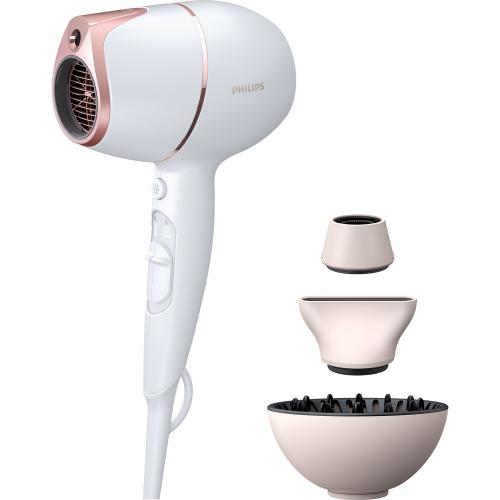 Uscator de par Philips Prestige BHD628/00, senzor SenseIQ, 2 setari viteza, 3 moduri presetate de uscare, ingrijire cu ioni, design compact, difuzor de volum, cap de coafare 11 mm, cap de uscare, 1800 W, Roz/Alb
