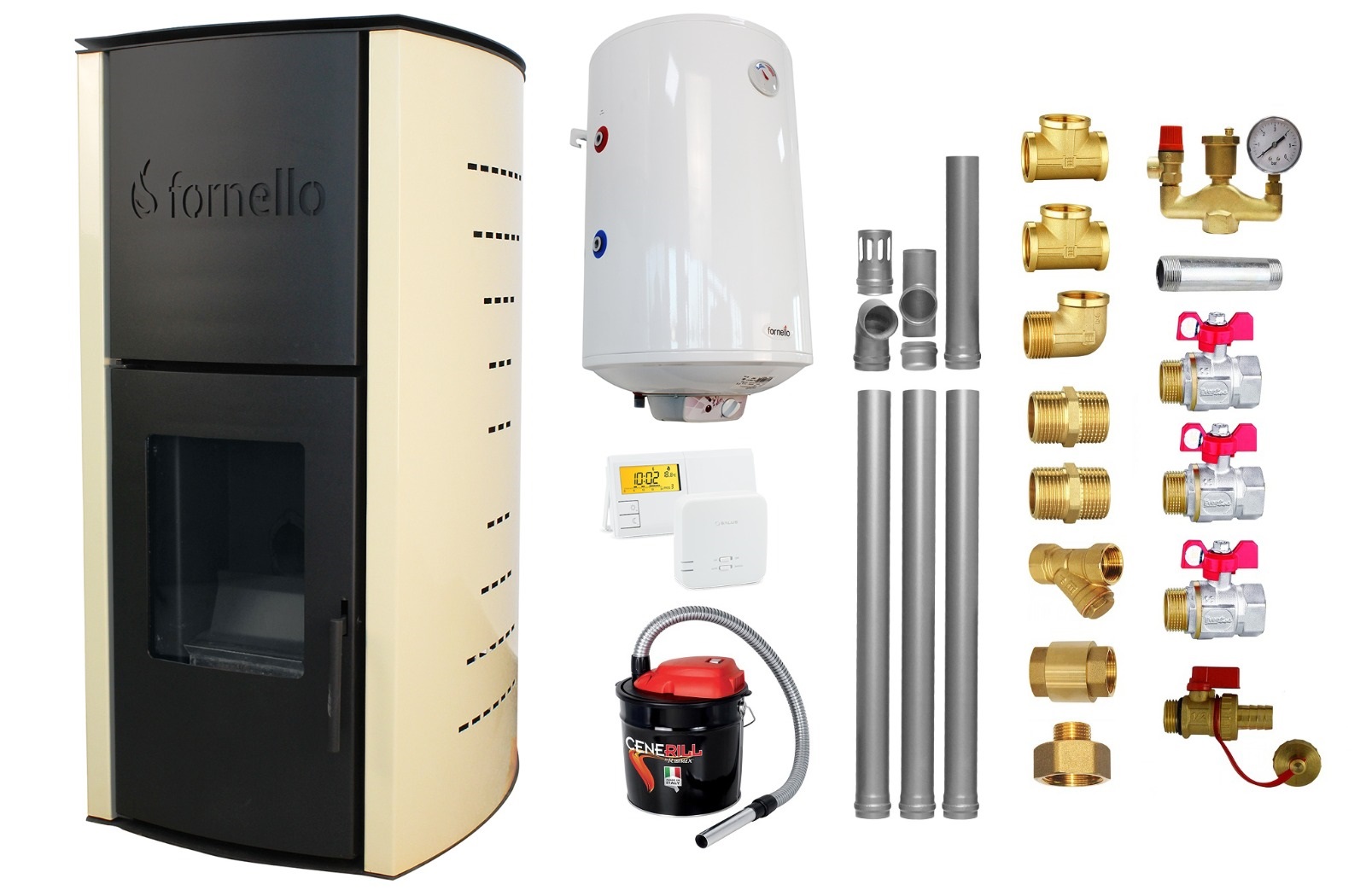 Pachet Termosemineu pe peleti Fornello Michelle 12 kW, echipat cu pompa, vas expansiune, automatizare, Boiler, kit evacuare 3.5 ml, Aspirator Cenusa, Termostat Salus 091FLRFV2 si Fitinguri