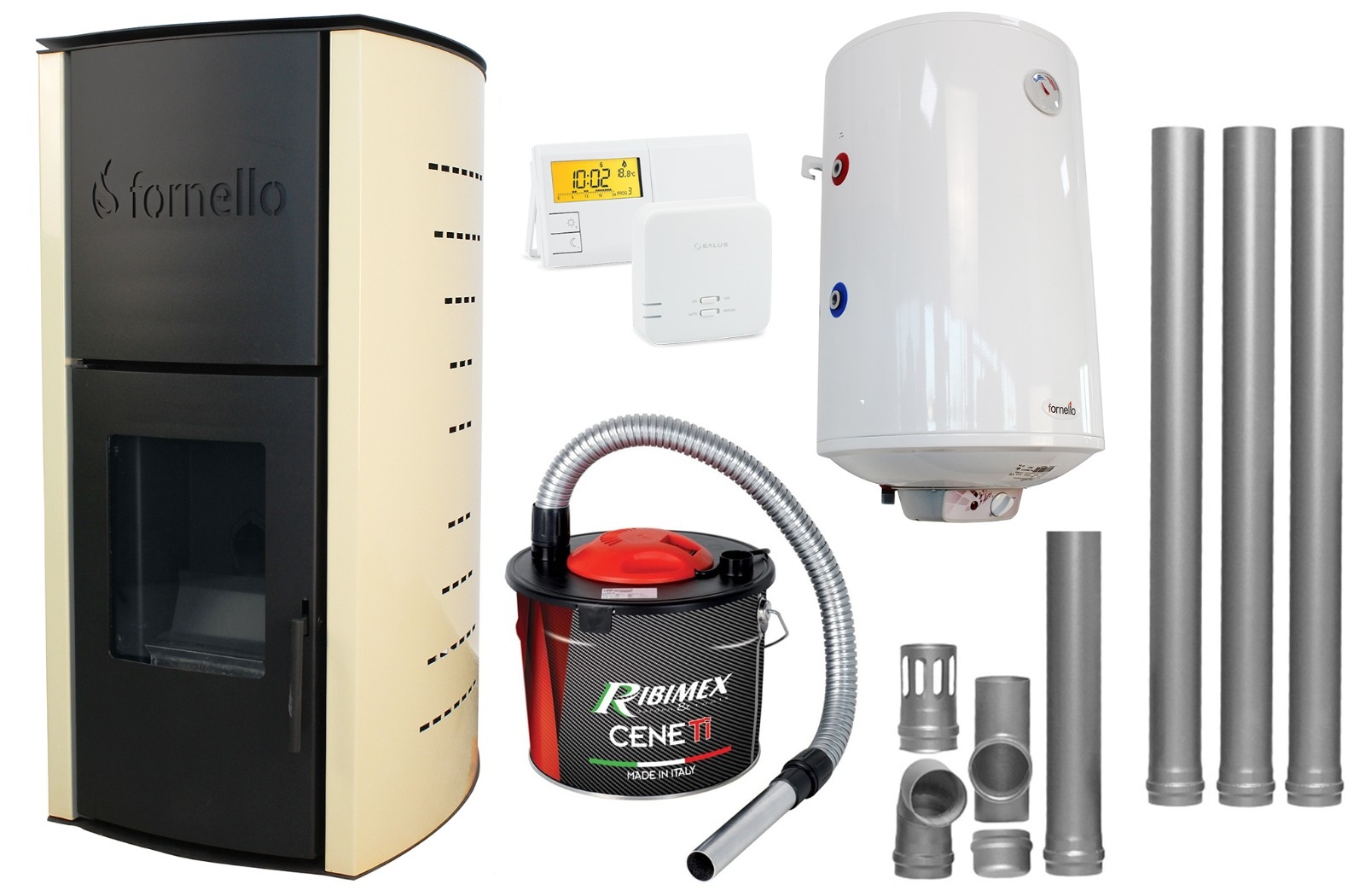 Pachet Termosemineu pe peleti Fornello Royal Ivory 18 kW, complet echipat cu pompa, vas expansiune, automatizare, Boiler, kit evacuare 3.5 ml, Termostat Salus 091FLRFV2 si Aspirator Cenusa