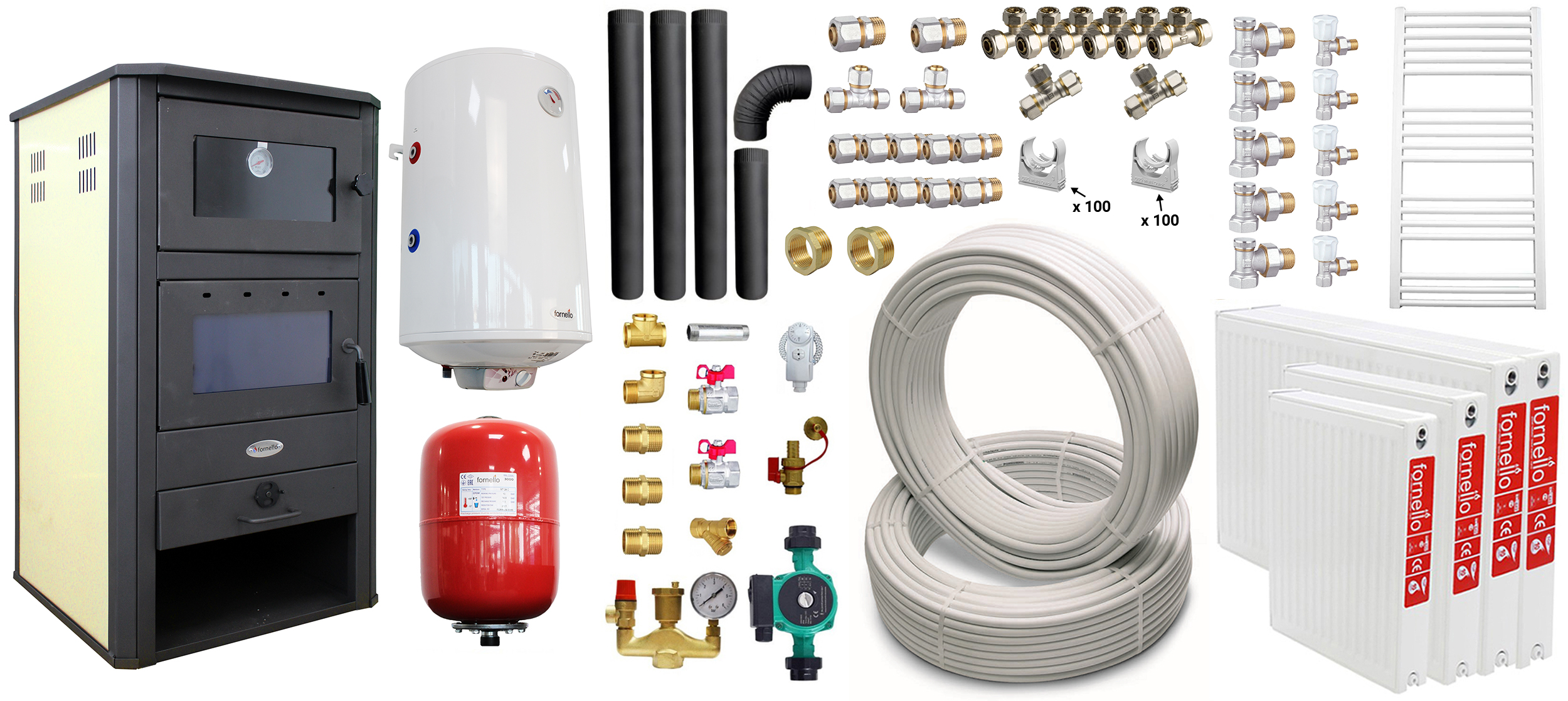 Pachet incalzire si apa calda pentru 3 camere Termosemineu pe lemne, brichete si carbune Fornello MILANO E, 24 KW, cuptor, Ivory, 580x560x1060 mm, boiler termoelectric 100l, teava, vas expansiune, pompa circulatie, calorifere, kit evacuare 