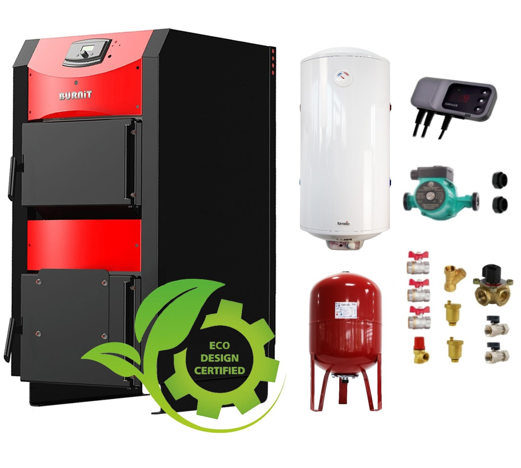 Pachet Centrala pe combustibil solid ​Sunsystem Burnit NWB PRIME 50 kW, boiler termoelectric, vas expansiune, pompa circulare, controller pompa, fitinguri montaj