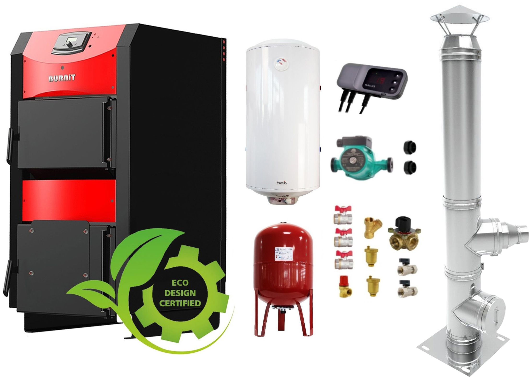 Pachet Centrala pe combustibil solid ​Sunsystem Burnit NWB PRIME 30 kW, cos inox, boiler termoelectric, vas expansiune, pompa circulare, controller pompa, fitinguri montaj