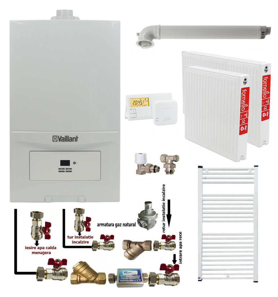 Pachet apartament cu o camera, Centrala termica in condensatie Vaillant ecoTEC Pure VUW 236/7-2, 23 kw, murala, afisaj digital, schimbator caldura inox, kit de evacuare, calorifere otel, termostat si fitinguri montaj