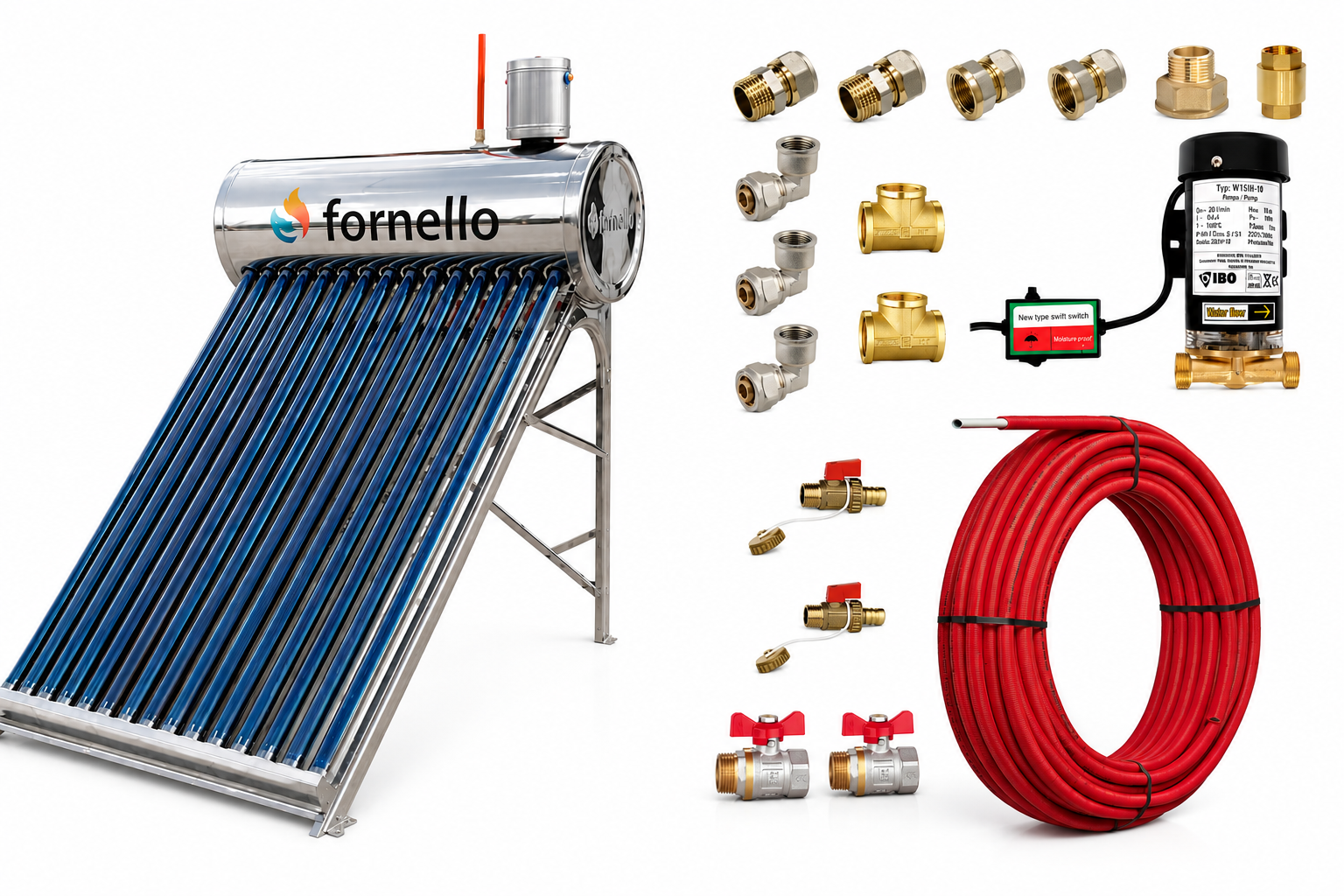 Pachet panou solar nepresurizat Fornello pentru producere apa calda, cu rezervor inox 122 litri, 15 tuburi vidate, vas flotor 5 litri, pompa ridicare presiune, teava hidronix si fitinguri montaj