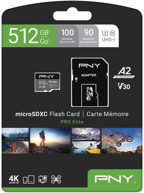 Card de memorie PNY PRO Elite, 512GB, microSDXC, UHS-I U3, Clasa 10, V30, Adaptor SD inclus