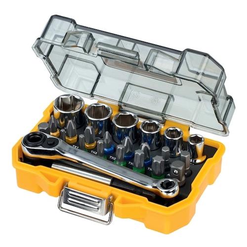 Set mixt 24 chei tubulare si biti surubelnita DeWALT DT71516, clichet si biti surubelnita, dimensiuni populare de chei tubulare, biti colorati pentru identificare rapida, cutie extra mica, clema pentru curea pentru accesibilitate usoara