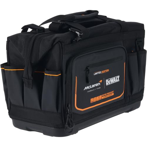 Geanta de scule DeWALT DWST60104-9, editie limitata McLaren, utilizari multiple, 33 de buzunare, piese acoperite cu metal, compartiment impermeabil, baza impermeabila, material durabil, structura consolidata