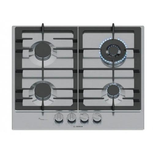 Plita pe Gaz Bosch Serie 6 PCH6A5I90, 582 mm, 4 Arzatoare, FlameSelect, Gratare Fonta, Otel Inoxidabil, Siguranta Gaz (Argintiu)