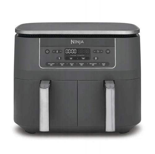Friteuza cu aer cald Ninja Airfryer Foodi Pro DualZone DZ300, 2400W, 7.6L, 6 functii de gatit, 2 cosuri de 3.8L, functie Max Crisp, functie deshidratare, panou digital, temperatura maxima 240 grade, cosuri si placi cu invelis ceramic (Gri)