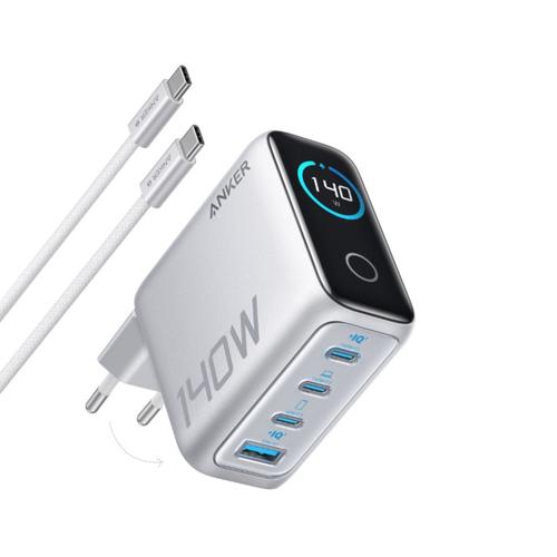 Incarcator de retea Anker Zolo 140W, Digital Display, 3x USB-C, 1x USB-A, PD 3.1, cablu USB-C inclus, Argintiu