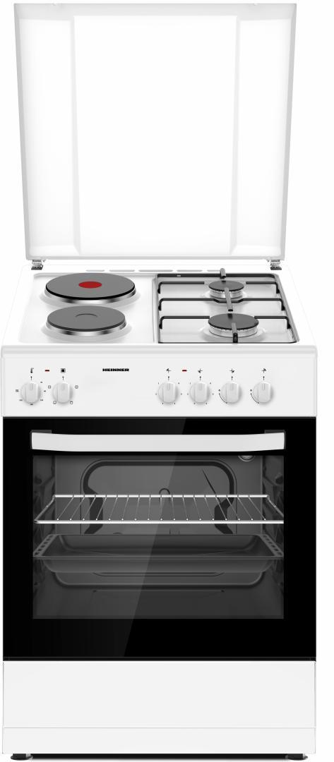 Aragaz mixt HEINNER HFSC-S60E2HSWH, 2 arzatoare gaz + 2 plite electrice, Aprindere electrica arzatoare, Cuptor electric, Clasa A, grill, 60x60 cm (Alb)