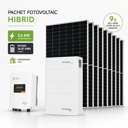 Pachet sistem fotovoltaic hibrid cu stocare uriasa baterie 16 kWh Dyness LiFePO4 panouri AEG Ultra Black 3.6 kWp invertor monofazat Solis on-grid / off-grid backup autonomie extinsa