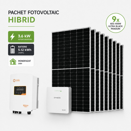 Pachet sistem fotovoltaic hibrid monofazat cu stocare baterie Dyness Powerbox G2 LiFePO4 5.12 kWh panouri solare AEG Ultra Black 3.6 kWp invertor Solis on-grid / off-grid backup