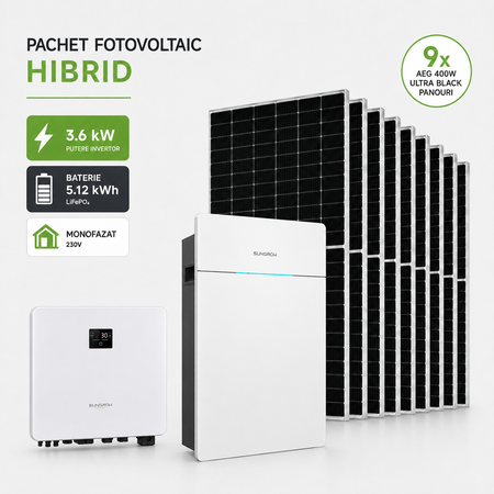 Pachet sistem fotovoltaic hibrid monofazat cu stocare baterie Sungrow High Voltage 5.12 kWh panouri solare AEG Ultra Black 3.6 kWp invertor hibrid 3.6 kW on-grid / off-grid backup