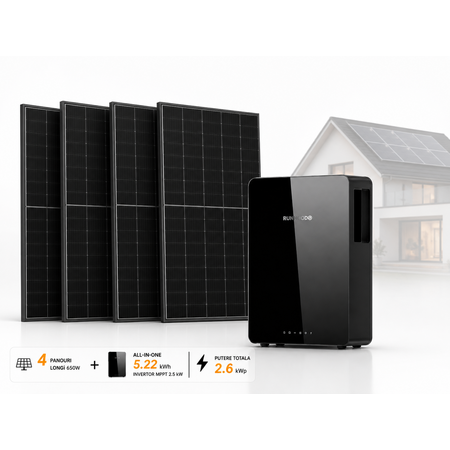 Pachet sistem fotovoltaic hibrid All-in-One cu baterie stocare 5.22 kWh si 4 panouri solare Longi 650W 2.6 kWp cu invertor MPPT 2.5 kW on-grid si backup