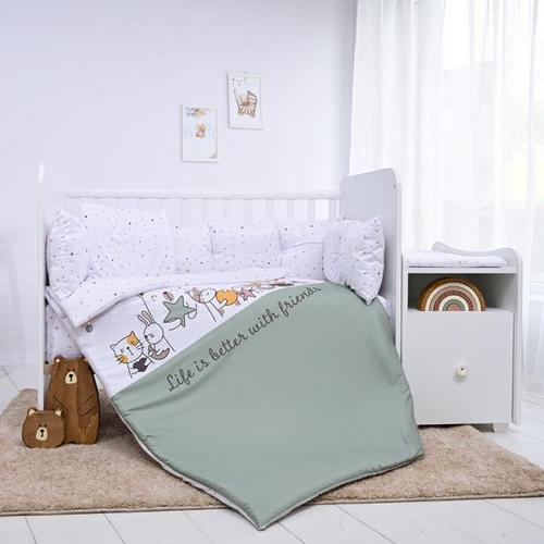 Set lenjerie pat 8 piese Lorelli Trend Happy Friends Mint, bumbac ranforce, Verde