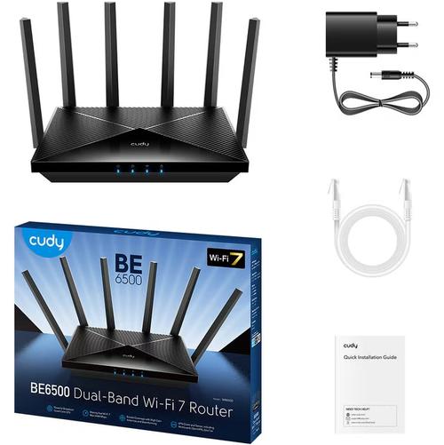 Router Wireless Cudy WR6500, BE6500, Dual-Band,Wi-Fi 7, Quad-Core 2GHz CPU, 128MB/512MB Flash/RAM, MLO, Cudy Mesh (Negru)
