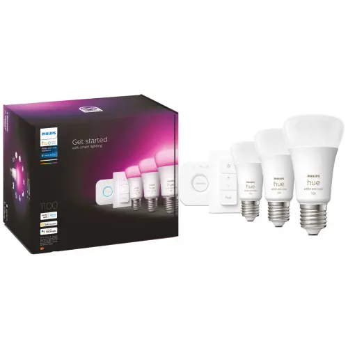 Pachet 3 becuri LED RGB Philips Hue, Wi-Fi, Bluetooth, Zigbee, A60, E27, 9W (75W), 806-1100 lm, lumina alba si colorata + Consola Hue Bridge + Intrerupator