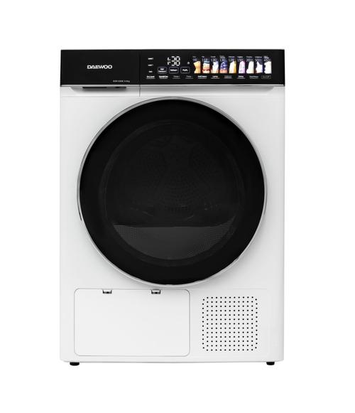 Uscator de rufe Daewoo DDR-HS9E, 9 kg, Pompa de caldura, Clasa E, Butoane touch, Panou de control negru cu pictograme mari colorate, usa dubla neagra cu inel cromat (Alb)